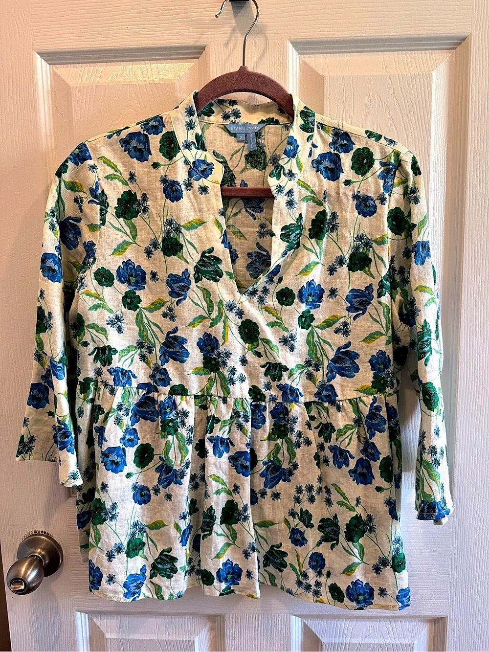 Draper James Blue Green Floral Linen Peplum Top
